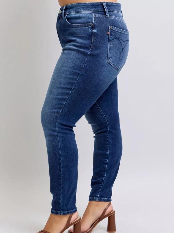 Judy Blue Mid Rise Dark Wash Brushed Thermal Skinny Jeans 82635, Stretchy Cotton Denim Womenswear Chic Casual Bottom