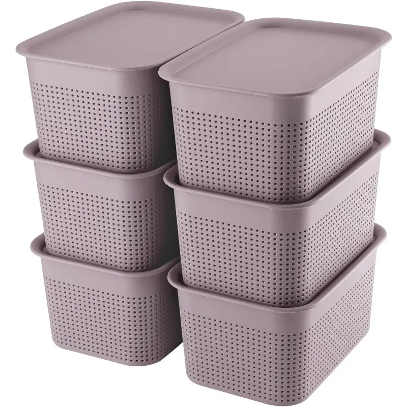 Plastic Storage Bins With Lid Set of 6 Storage Baskets for Organizing Container Lidded Storage Organizer Bins for Shelves Drawers Desktop Closet Playroom Classroom Office Purple