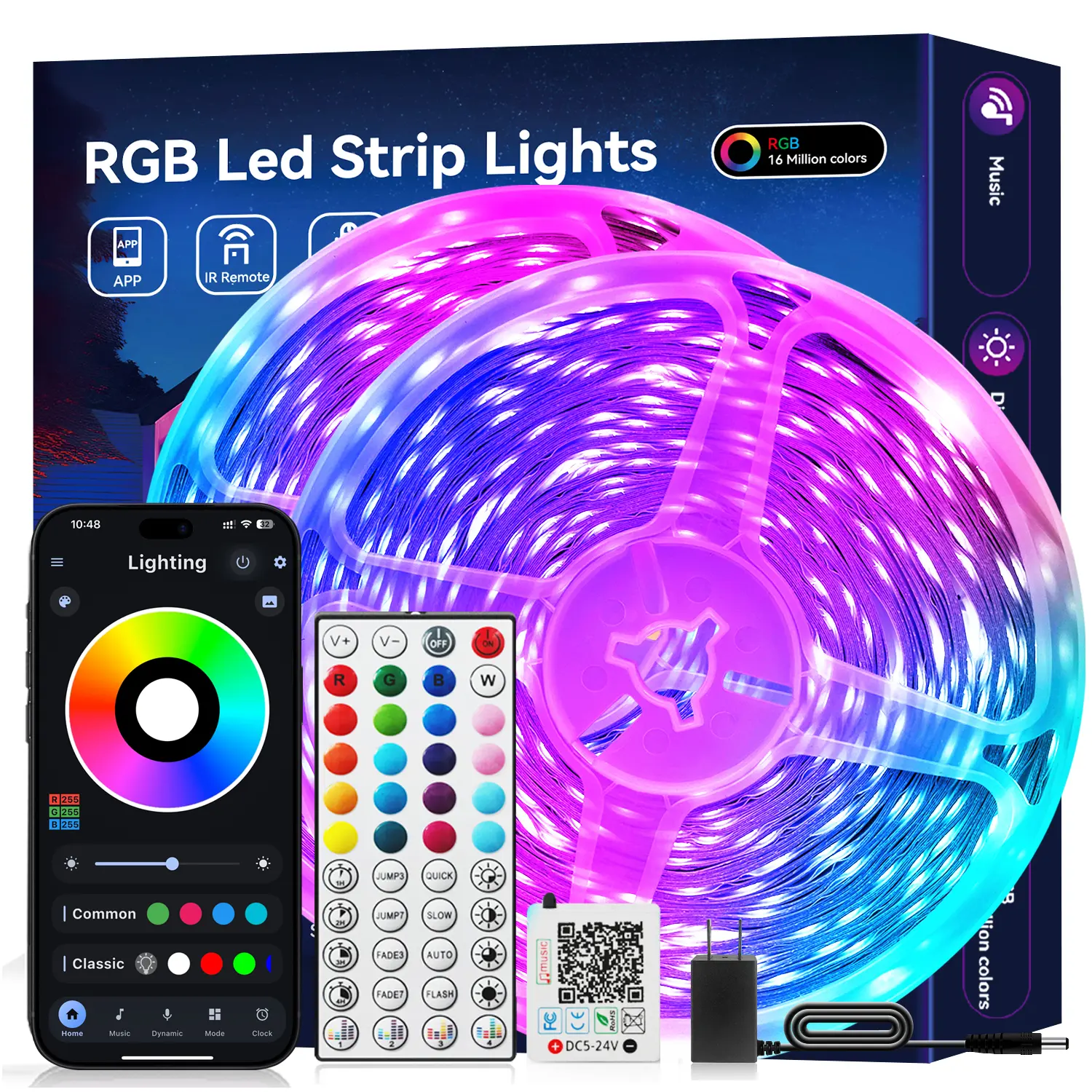Smart LED Strip Lights - Music Sync, App & 44-Key Remote Control, RGB Color Changing, Ambient Lighting Led Strip Lights, Room Accessories, Household Items, Bedroom Decor - Available in 9.84FT/32.8FT/50FT/100FT for Home Decor, Christmas
