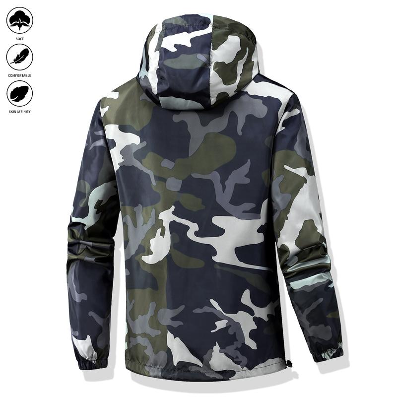 Men's clothing loose lightweight casual jacket, hiking fishing shell hooded outdoor coat, mountain climbing jacket, men's camouflage hooded casual sports jacket - men's gift recommendation