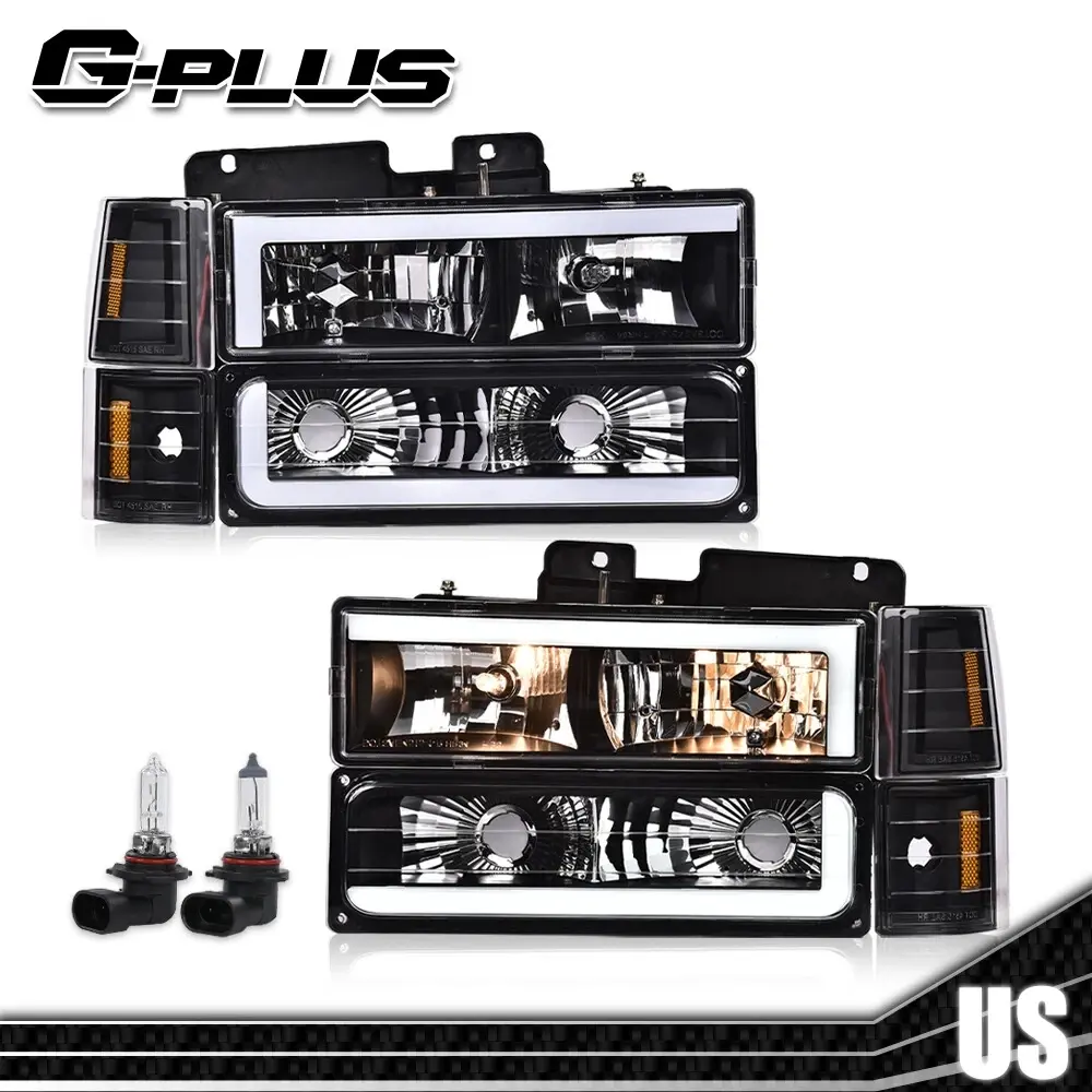 G-PLUS Headlights for 1994-1998 GMC C/K Sierra Suburban LED DRL Headlight Assembly with Bumper Lamps Black/Chrome