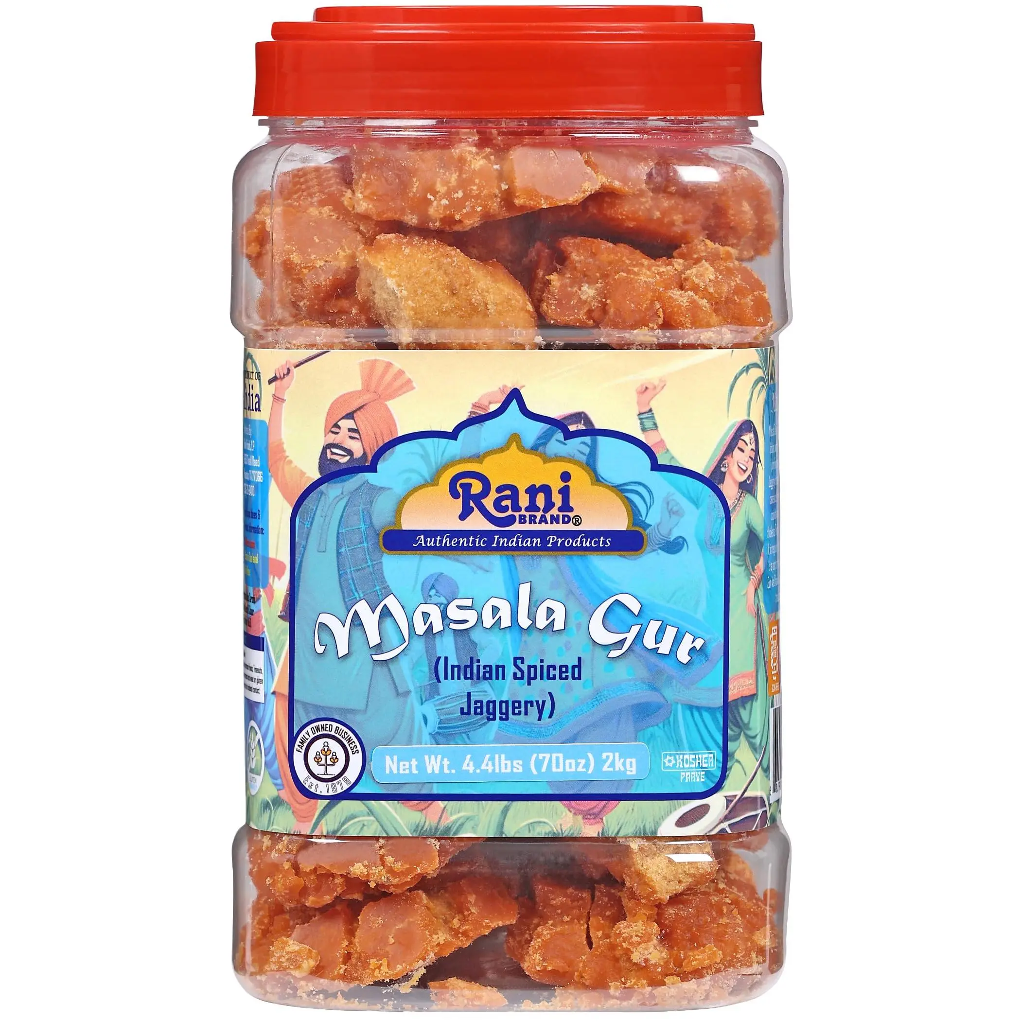 Rani Masala Gur (Jaggery) Indian Unrefined Raw Cane Sugar 70oz (4.4lbs) 2kg PET Jar ~ Gluten Friendly | Vegan | NON-GMO | Kosher | No Salt or fillers | Indian Product