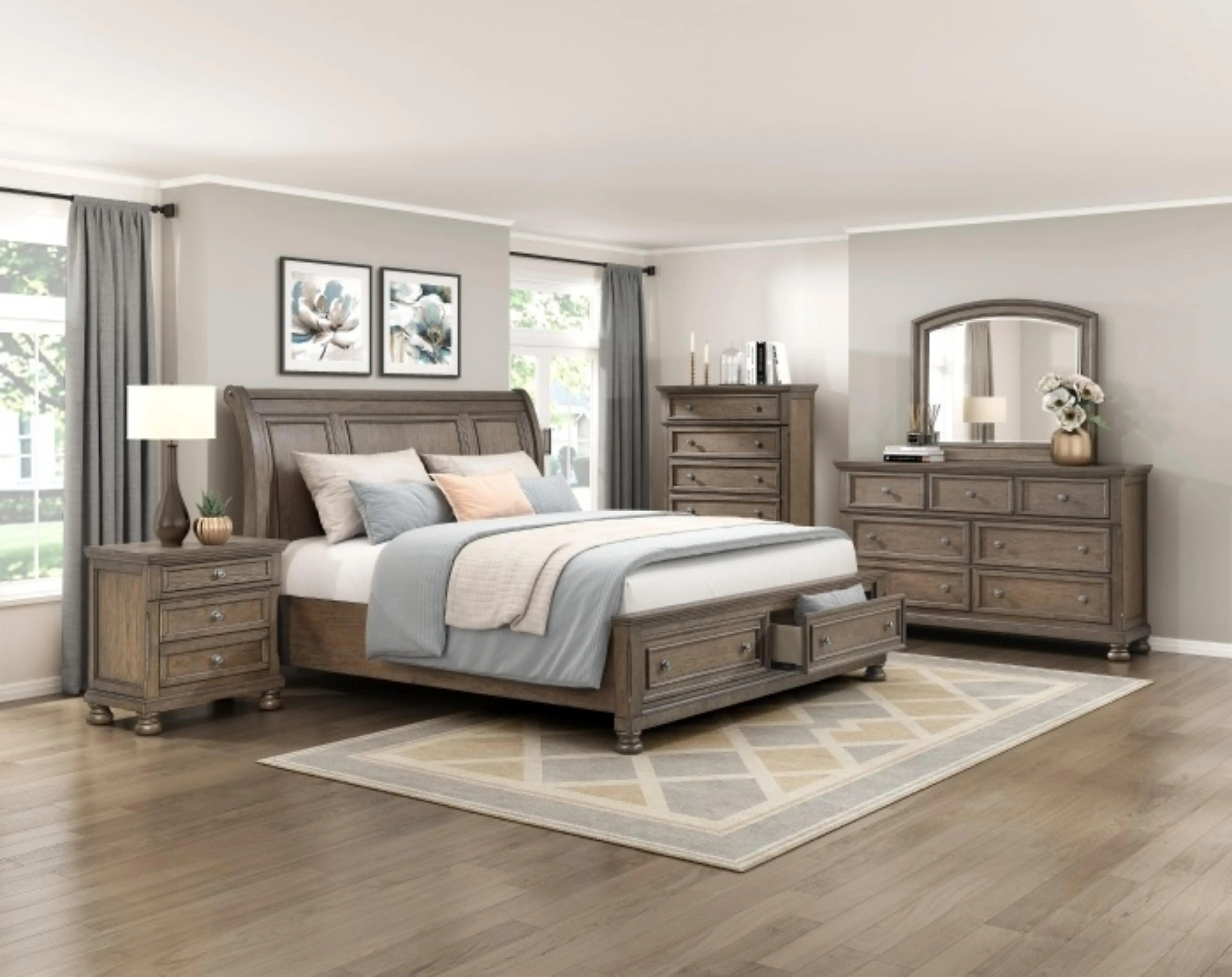 Homelegance 2259BR-4PC 4-Piece Bethel Antique Brown Wire Brush Finish Wood Bedroom Set with Footboard Drawers, Antique Bedroom Sets, Rustic, 21" H, Traditional