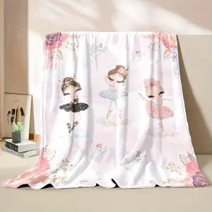 Country-Rustic Reversible Flannel Throw Blanket, 100% Polyester Non-Woven Fabric, Cartoon Ballerina Digital Print, 200-250gsm Lightweight, All-Season Comfort