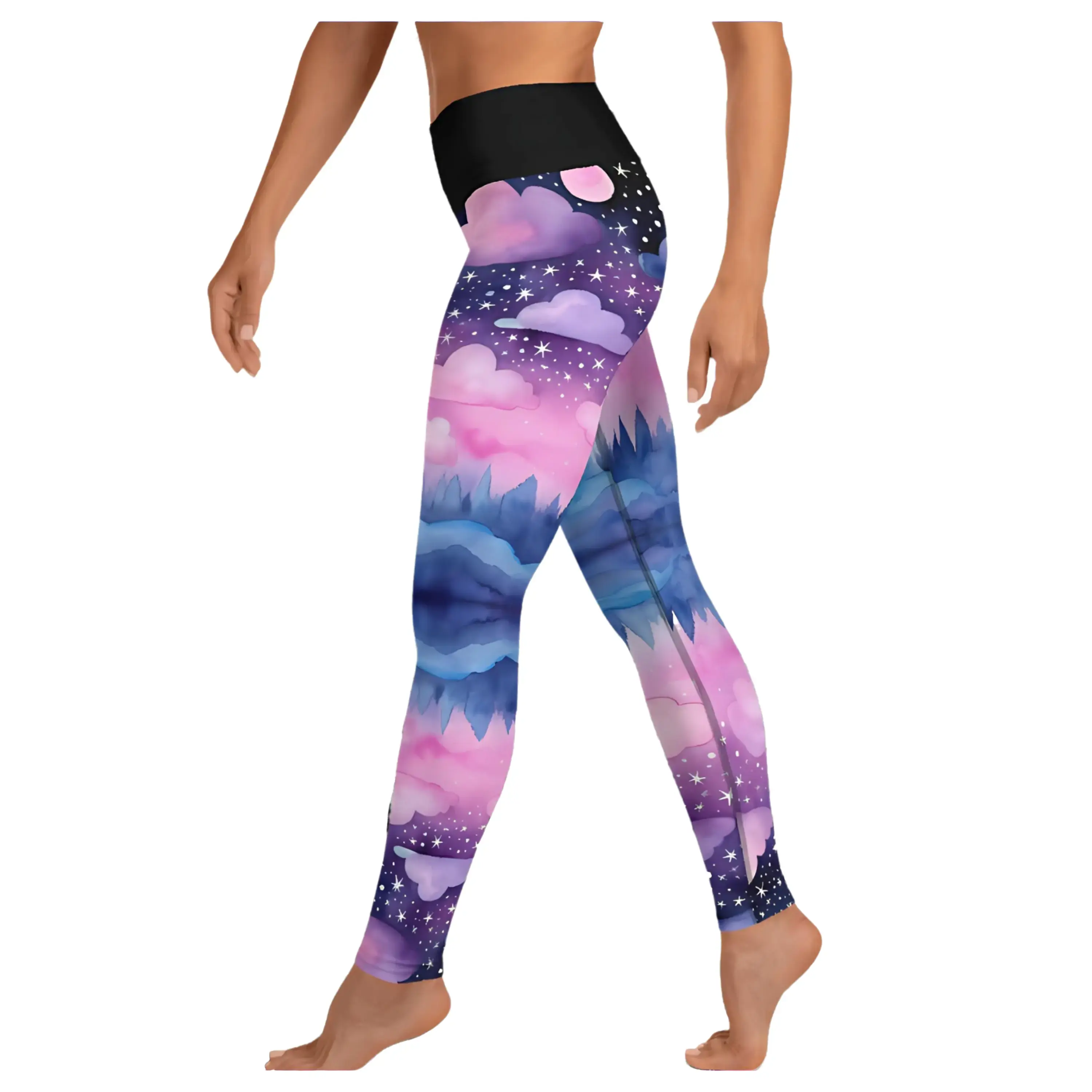 Mountain Mirror Leggings - Pink Blue Cosmic Horizon Starry Night Sky Stars Beautiful Forest Landscape High Waist Nature Galaxy Yoga Pants