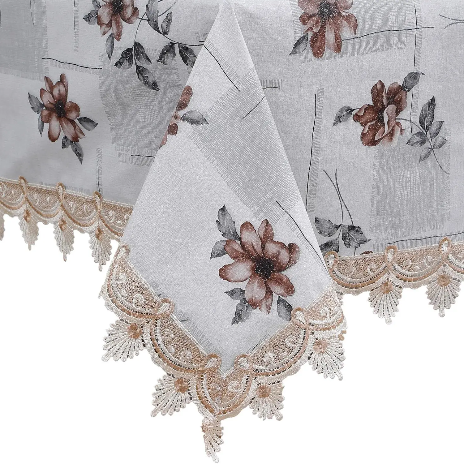 Heavy Duty Vinyl Tablecloth Elegant Floral Lace-Trimmed Tablecloth  Flower ,  Oil-Proof Plastic Table Cloth Stain-Resistant Wipeable(Floral Grid, 60X60 Inch)