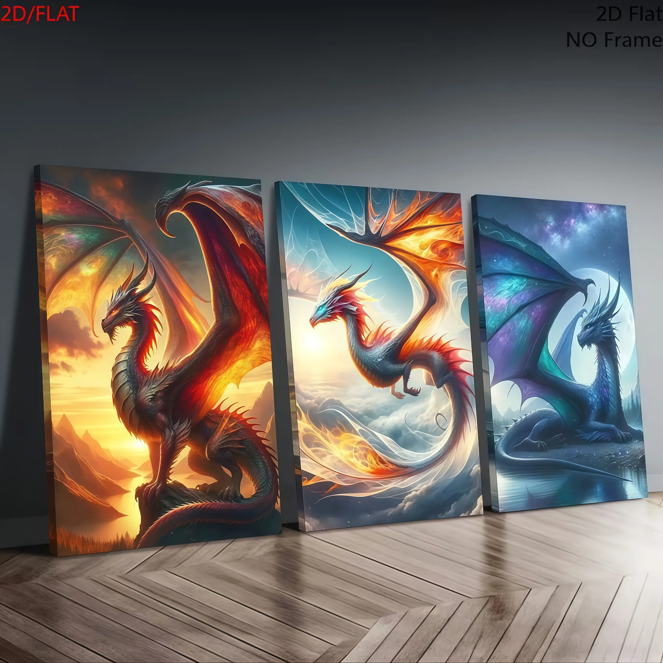 3PCS Unframed Canvas Wall Art, Mythical Fire Dragon Art Prints,Modern Living Room Decor,Gift Idea.Housewarming Gift .Geometric Abstract Artwork.HD Printingfor Living Room, Entryway, Bedroom.