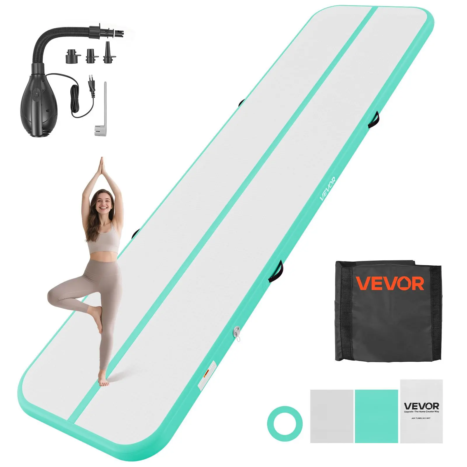 【SummerFinds】VEVOR Inflatable Gymnastics Air Mat 13 ft Training Mats w/ Electric Pump, 4 inches Thick Sturdy Tumble Track, Tumbling Mat for Home Use/Gym/Outdoor/Yoga/Cheerleading/Beach/Park/Water, Mint Green
