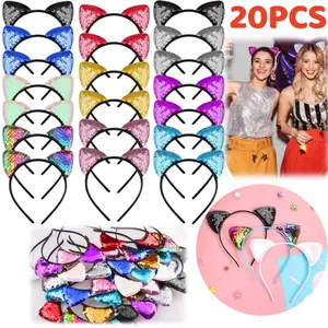 20PCS Glitter Cat Ear Headbands - Cute Cartoon Style Sequin Hair Accessories for Parties, Weddings,and Daily Wear,Cute Hair Accessories,Wedding Hair Decor,Sparkling Embellishments