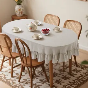 Ruffles Oval Tablecloth for Oval Table, Elegant Linen-Like Table Cover with Scalloped ,  for  & Rustic Dining Decor (102" L x 60" W)