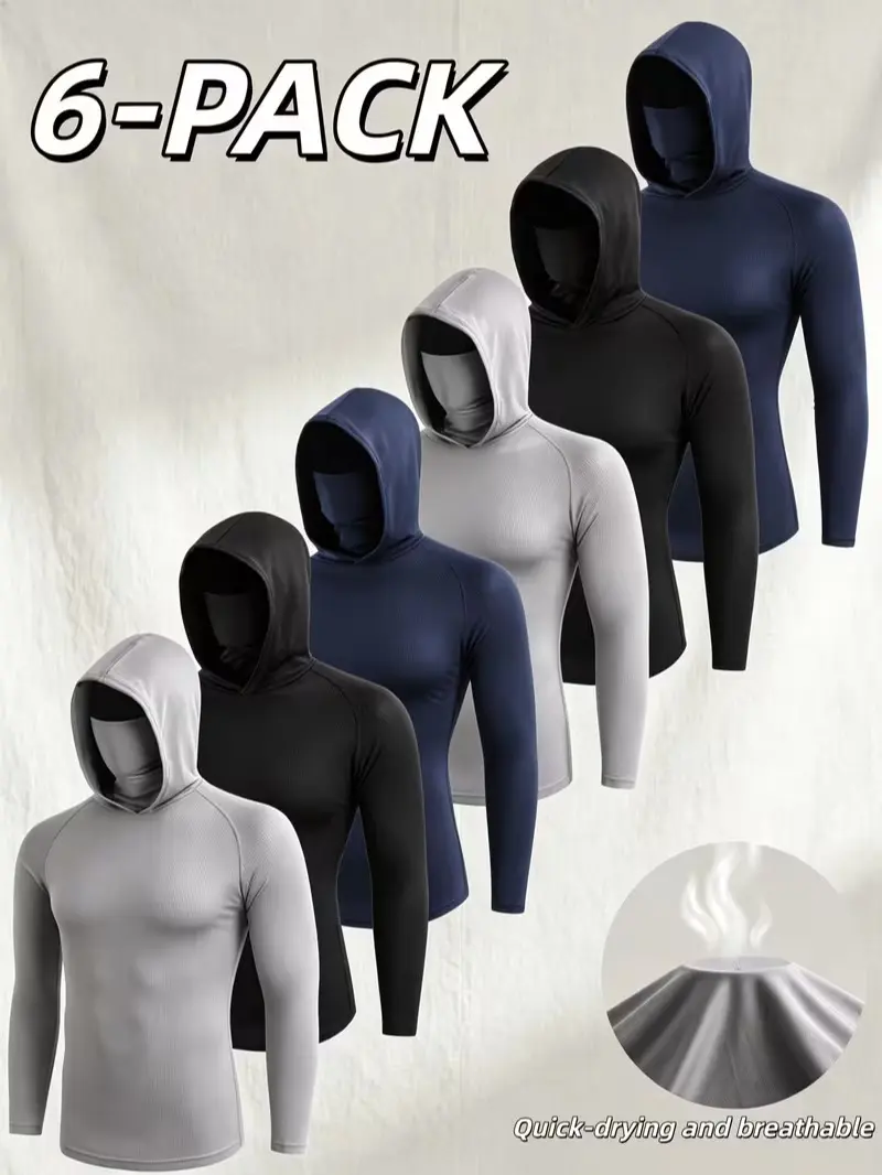 6-Pack Men's Workwear Hoodie with Built-in Face Mask, UPF 50+ Sun Protection Construction Work Shirt, Quick Dry Dust-Proof Long Sleeve Fishing Lawn Care Tops mask hoodie for work, sun protection workwear, 6 pack work shirts, breathable work hoodie