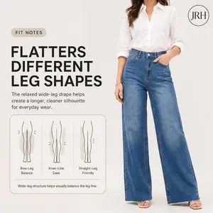JRH Women's Mid-Rise High-Stretch BBL Jeans Lady Basic Minimalist Comfortable Denim Butt-Lifting Wide-Leg Raw-Hem Denim Pants with Tummy Control Baggy Wide Leg Washed Casual Jeans Fashionable Everyday Outfits Trouser Streetwear
