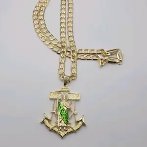 Saint Jude Anchor Pendant with Green Accent and Clear Stones Chain cuban link style 24 Inches 6 Millimeters Laminated Gold Jewelry