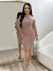 women's plain ruched asymmetrical neck bodycon dress, elegant long sleeve knee length dress for party dating wear, ladies clothes for all seasons