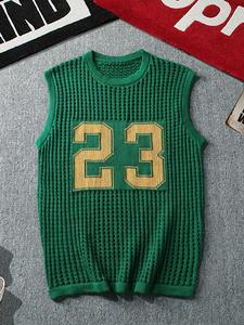 men's number pattern hollow out knit vest sweater, loose casual fashion round neck sleeveless pullover for summer, knitting tank top, men's knitwear for daily wear