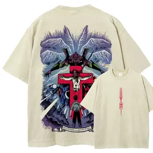 Men's Vintage-Washed Graphic Tee with Neon Genesis Evangelion Inspired Print, Distressed Short-Sleeve Anime Top, Tshirt