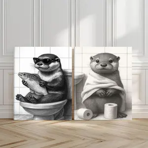 2pcs Funny Animal Wall Art, Bathroom Humor Poster, Whimsical Art Prints, Fun Home Decor, Modern Wall Paintings, Minimalist Canvas Posters Wall Arts, Decor for Living Room, Restaurant, Kitchen, Bedroom, Housewarming Gift, With Frame