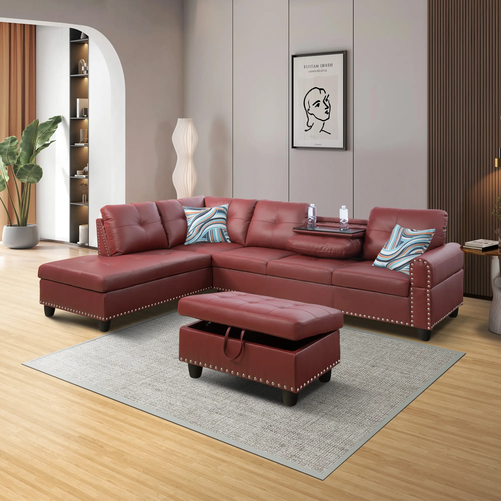 Red Faux Leather 3-Piece Clean Cushion Easy Sofa Set, Modern Luxury Indoor Living Room Furniture, Soft Cushioned Comfort, Sturdy Durable, Ideal for Home & Apartment, Clean Sofa Sets, Cushion Sofa Sets