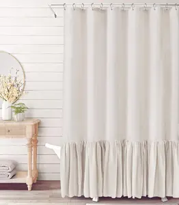Linen Material Shower Curtain With Lotus Leaf Edge Modern Style Ruffled Bottom Bathroom Decor