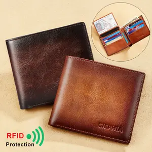 CIEPHIA Men's Genuine Leather RFID Blocking Wallet Vintage Bifold Short Wallet with 10 Card Pockets Multi-functional ID Credit Card Holder 2 ID Windows Ideal Father's Day Gift