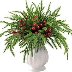 45 Christmas Norfolk Sprigs with Berries Stems, 14 Inch Artificial Norfolk Sprigs, DIY Craft Wreath Home Decor