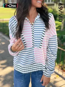 Women's Casual Striped Color Block Patchwork Half Zip Drop Shoulder Long Sleeve Knit Pullover Top, Knitwear, Spring & Fall Fashion, Comfortable, Stylish and Fit