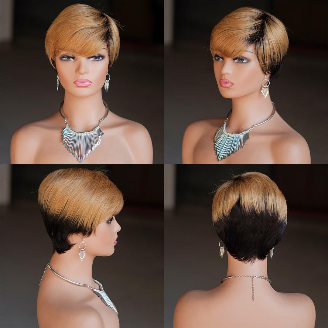 Short Pixie Cut Wig With Bangs, Glueless 180% Density Brazilian Virgin Human Hair, 6 Inch 1B Natural Black Mixed Blonde, Machine Made Wig Caps For Daily & New Year Wear