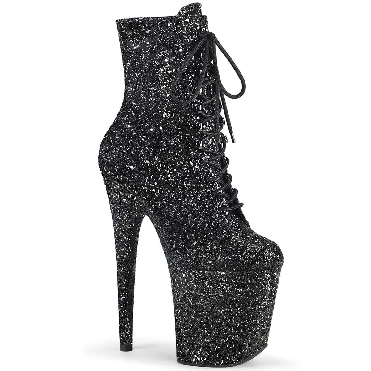 Black Glitter Lace-Up Ankle Boot with a Dramatic 8-in Heel, Featuring a Convenient Side Zipper Closure, Footwear, Platform, Shoe, Women, Glitter Finish, Sparkle Effect, Night Out, Sparkly Platform Heels Wedges & Flatform, Dramatic Look