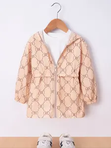 Girls' Bow Print Hooded Zipper Jacket, Lightweight Mid-Length Coat, Casual Summer Fitted Outerwear for Kids, Woven Thin Fabric, Casual Cute Outerwear, Zip Up Jacket, Zip Front Jacket