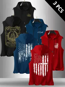 Men's 3-Pack Flag Series Graphic Print Round Neck Sleeveless T-Shirt, Casual Comfortable Fitted Hooded Vest, Summer Outdoor Fitness Wear, Sleeveless Workout Vest