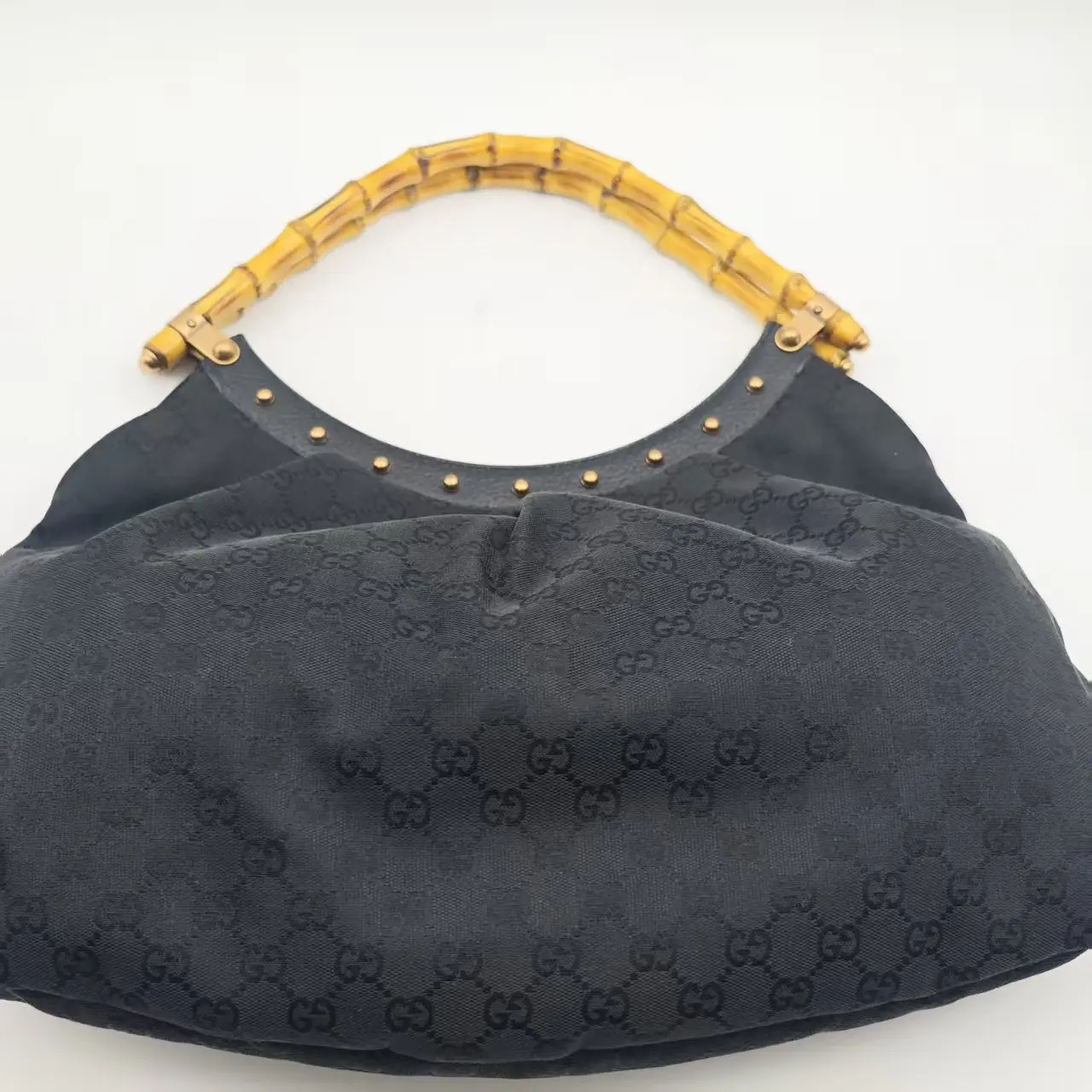 Pre-owned Gucci X122 Bamboo Shoulder Bag Black GG Jacquard Canvas Hobo Bag, Commuter Use, High Quality Genuine Material, Intact Sturdy Structure, Well Maintained, Fine Texture, Great Value (26.06.13)