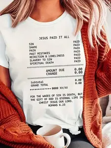 Christian Women'S T-Shirt, Local One-Piece Women'S Casual " Paid in Full" Receipt Design Printed T-Shirt, 100% Short Sleeve Round Neck, Regular Plus Size Four Seasons T-Shirt, Fabric, Suitable As Thanksgiving And Christmas Gift