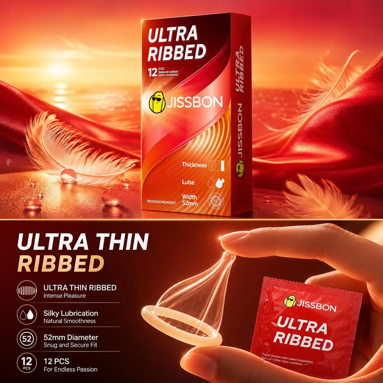 Jissbon 12 Pcs 360-Degree Ribbed Latex Condoms, 52mm Size, Premium Texture for Enhanced Pleasure, No Compromises on Contraceptive Protection for Sexual Wellness Experience Natural Rubber