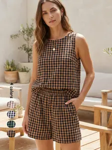 Women's Summer Plaid Vest Top & Elastic Waist Shorts Set, Beach Vacation Travel, Comfortable Casual Daily Wear
