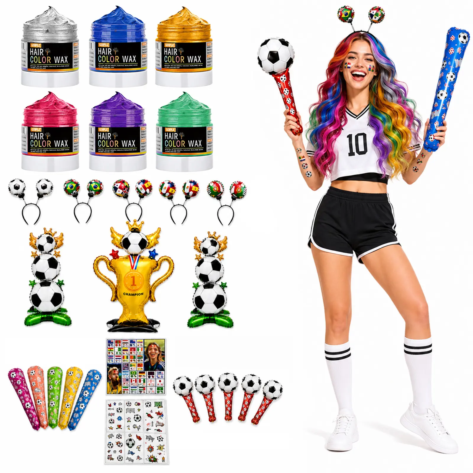 6Pcs Temporary Hair Color Wax and Soccer Party Supplies 20Pcs Set, Washable Instant Hair Dye for Kids Adults Game Day