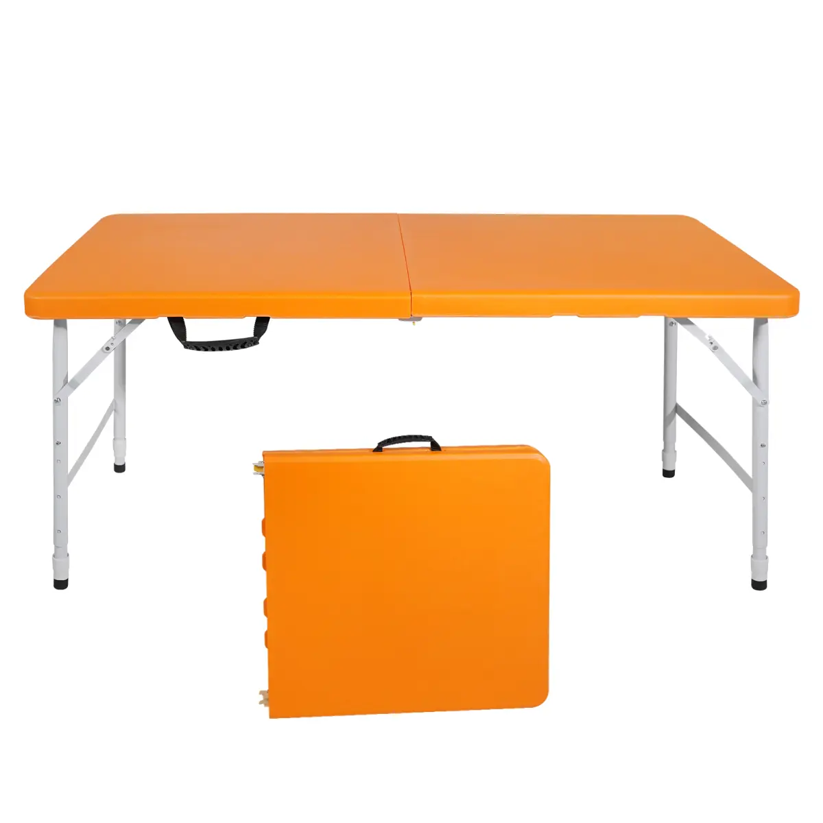 4-foot portable folding table with handle, portable folding plastic table, suitable for indoor and outdoor use, maximum weight capacity of 135 kilograms, camping folding table, orange