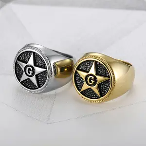 Fashionable, Atmospheric, High-quality Men's Rings, Exquisite Five Pointed Star G Letter Circular Stainless Steel Ring Accessories