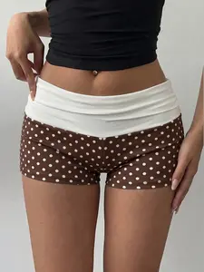Women's brown and white polka dot low waist shorts, Y2K retro folding waist boot shorts with contrasting dot print, slim fit, suitable for casual wear, gym and street style | Durable print suitable for urban and retro style fans
