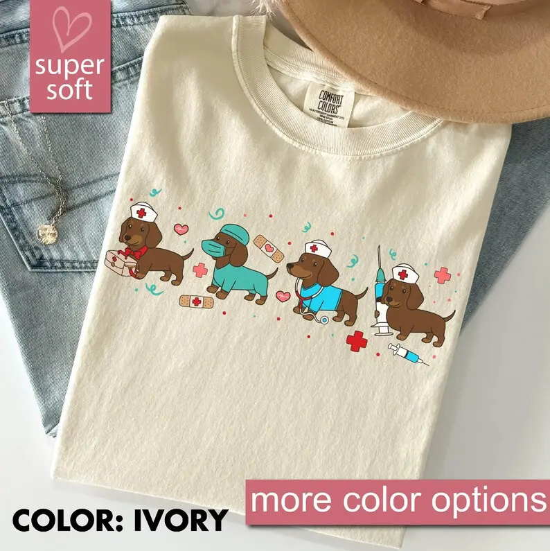 Comfort Colors Dachshund Nurse T-Shirt, Wiener Dog RN Tee, Doxie Nurse Gift for Nursing School & Nurse Appreciation, ER Nurse Dog Tee, RN Dog Mom Shirt