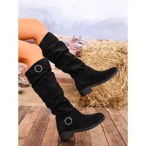 Women's Fashion Boots, New Wrinkle Buckle Long Boot Above Knee Chunky Heel Slimming Tall Boot, Casual Fall & Winter Shoes