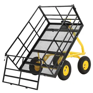 Garvee 4-in-1 Heavy-Duty Steel Garden Dump Cart with 1400 Lbs Capacity, 13 Inch Tires, and Removable Mesh Side Panels - Versatile Metal Utility Yard Trailer for Transporting Soil, Tools, and Plants