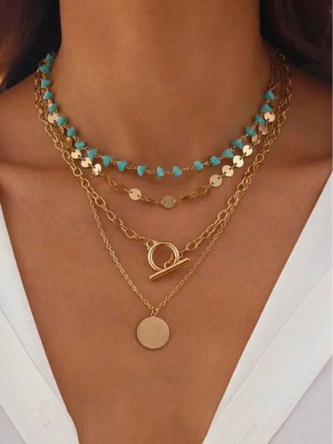 4pcs Boho Turquoise Beaded Layered Necklaces, Geometric Circle Pendant Tassel Jewelry for Women