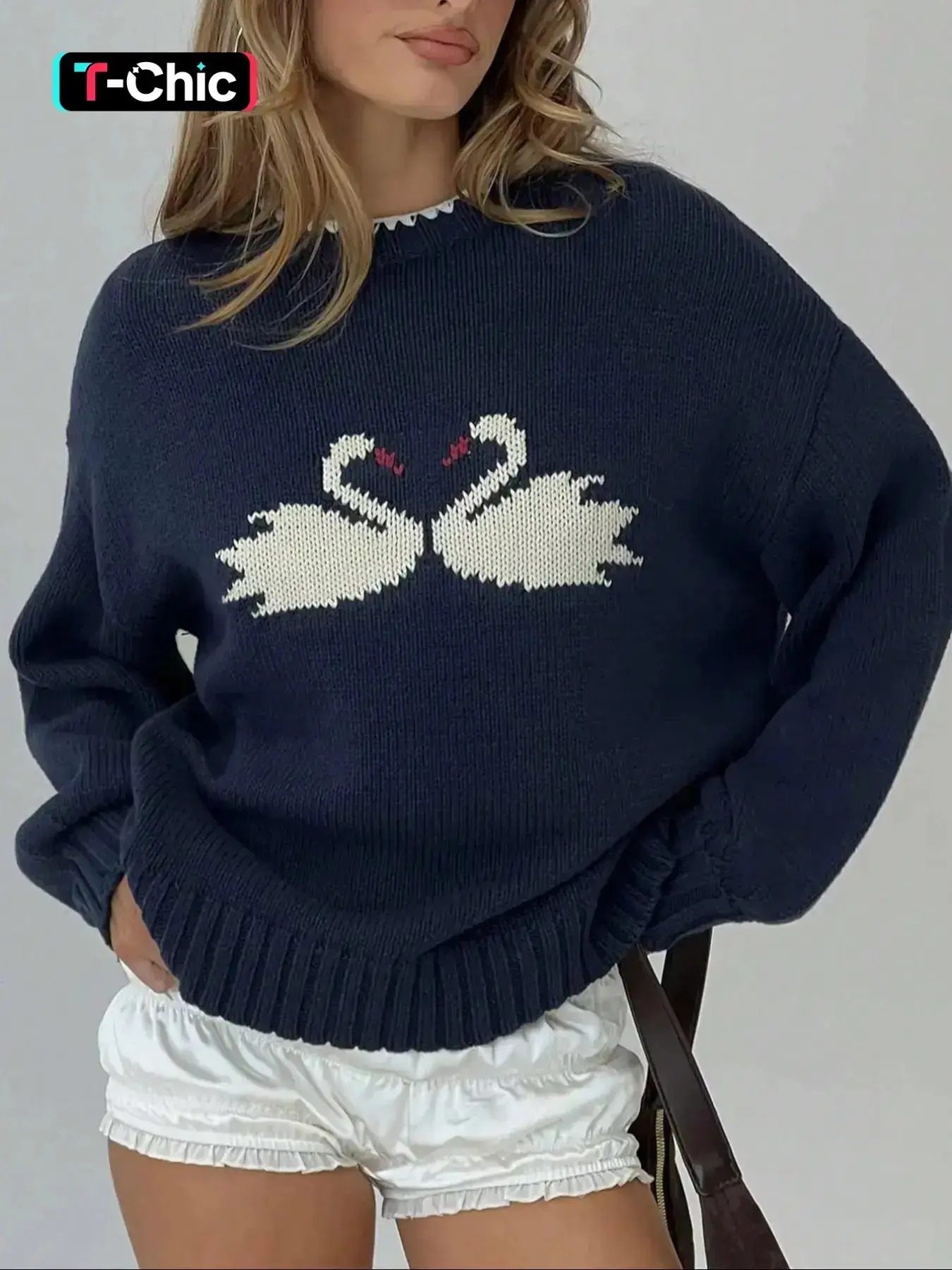 Knit Sweater Top Graphic Knit Sweater Swan Animal Pattern Crew Neck Long Sleeve Knitted Soft Knit Pullover Casual Loose Oversized Cozy Fall Winter Trendy Womens Womenswear Chic Street Style Relaxed Fit Fashion Knit Sweater Knitwear Street Casual Jumper