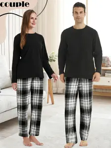 Unisex Valentine's Day Pajama Set, Elastic Comfortable Top with Plaid Pants, Perfect Gift, Casual Fitted Sleepwear for Fall & Winter