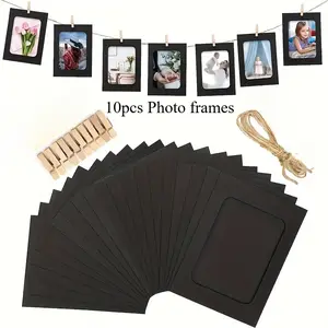 Included 10pcs Paper Photo Frames and 10pcs Clips and 1pc Hemp Rope, Vintage Cowhide Hanging Paper Black Photo Frame, Flag Banner with Twine Clip Home Decor Party Decor Picture Frame