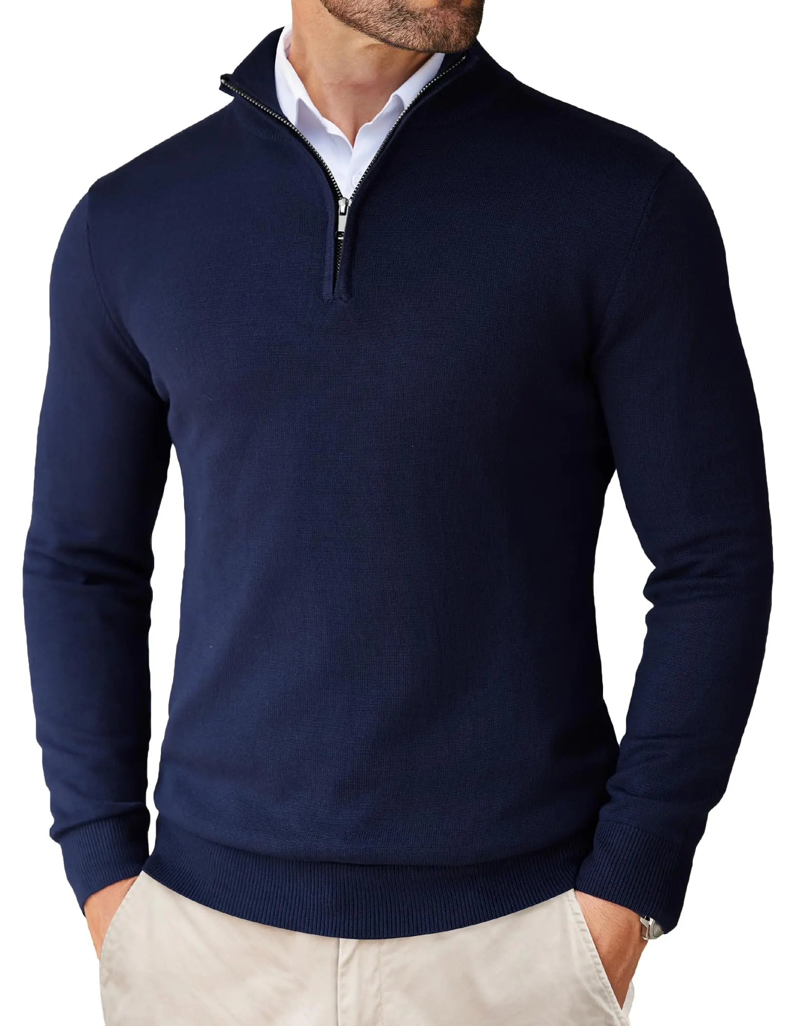 Coofandy Men's Lightweight Ribbed Quarter Zip Sweater, Slim Fit Long Sleeve Mock Neck Pullover Tops, Casual Polo Shirt, Menswear, Classic
