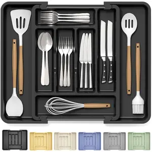 Large Silverware Organizer for Kitchen Drawer & Utensils - Expandable Drawer Organizer for Cutlery, Flatware & Gadget, BPA-Free Thick Plastic, Wider Compartments & Non-skid Feet (Black)