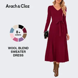 Arach&Cloz Women's Wool Blend Tie Waist Pleated Spring Sweater Dress 2026