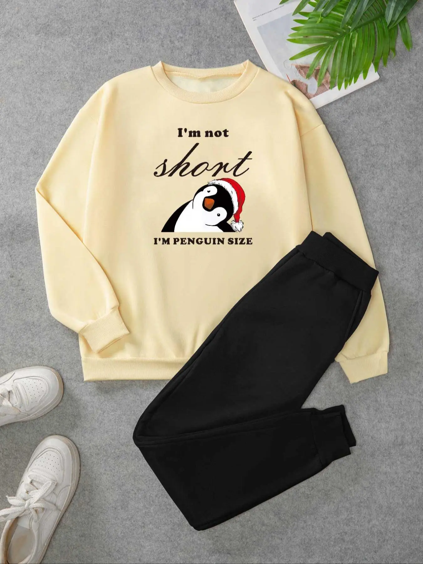 Women's Plush Lined Cartoon Penguin with Santa Hat Print Round Neck Sweatshirt & Solid Elastic Waist Pants Set, Thermal Warm Regular Fit Casual Comfy Crew Neck Long Sleeve Pullover & Pocket Jogger Pants, Women's Spring & Fall Clothes