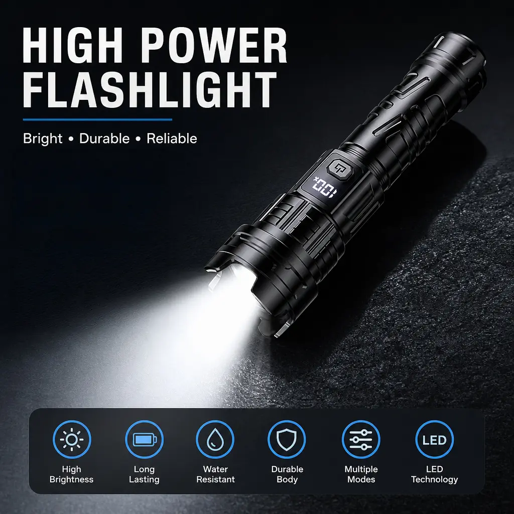 Rechargeable Zoomable LED Flashlight - Bright Handheld Torch with Digital Power Display, Multi-Lighting Modes, USB-C Charging, Portable for Camping, Hiking, Home Maintenance